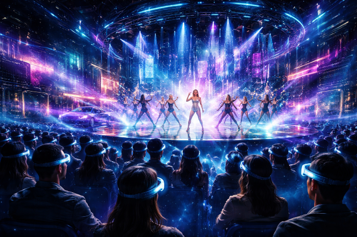 가상 세계와 실물이 결합된 미래형 XR 뮤지컬 체험 장면