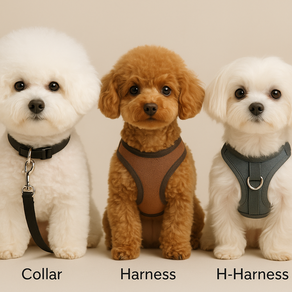 H형,Y형,T형(하네스) 종류 별로 목줄을 착용한 채 앉아있는 강아지 3마리 모습