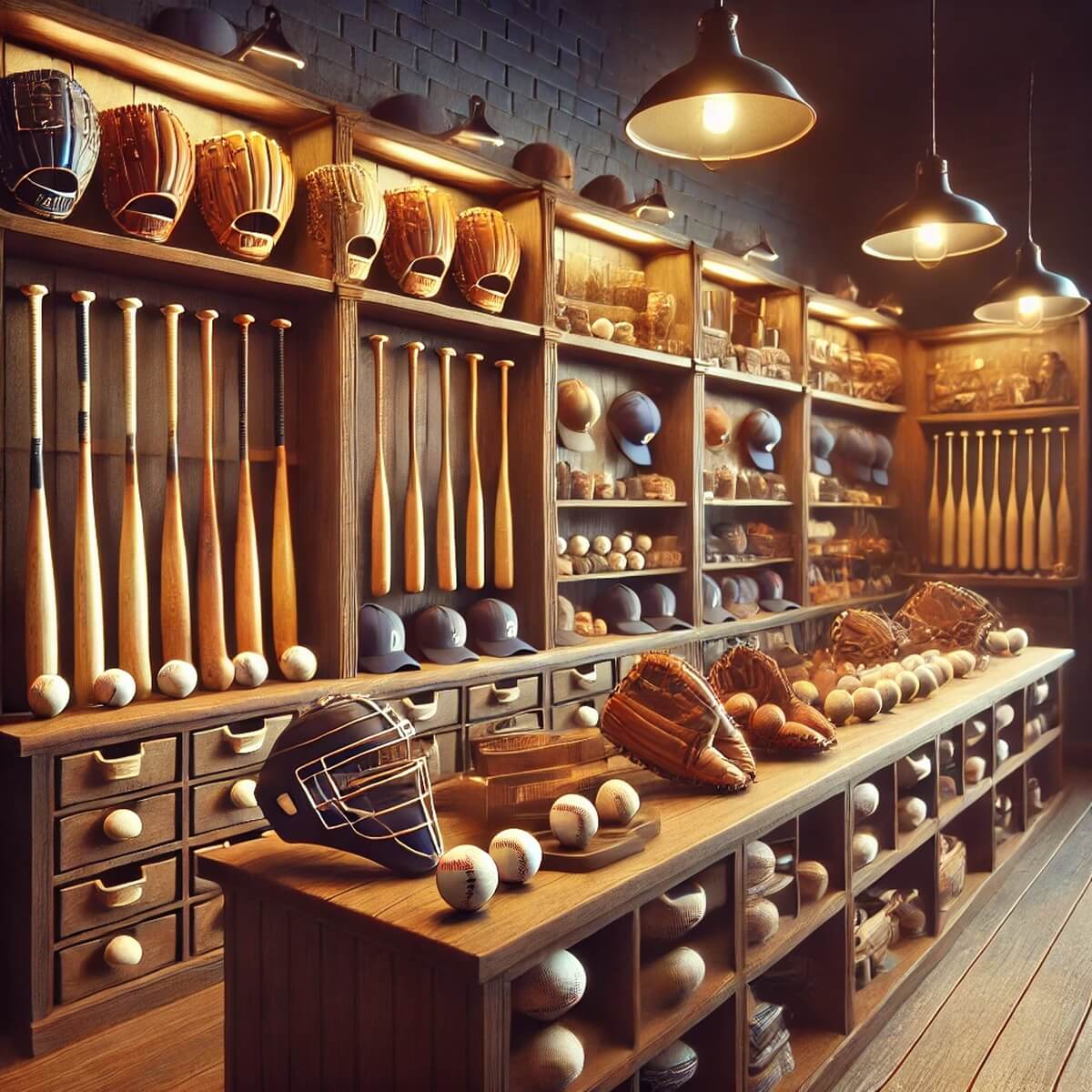 글러브, 배트 등이 진열된 오프라인 스포츠 용품점