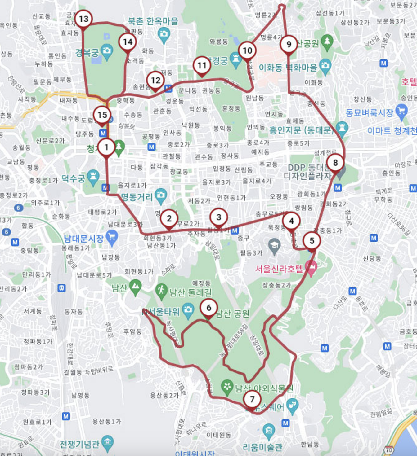 서울시티투어버스 도심고궁남산코스 지도