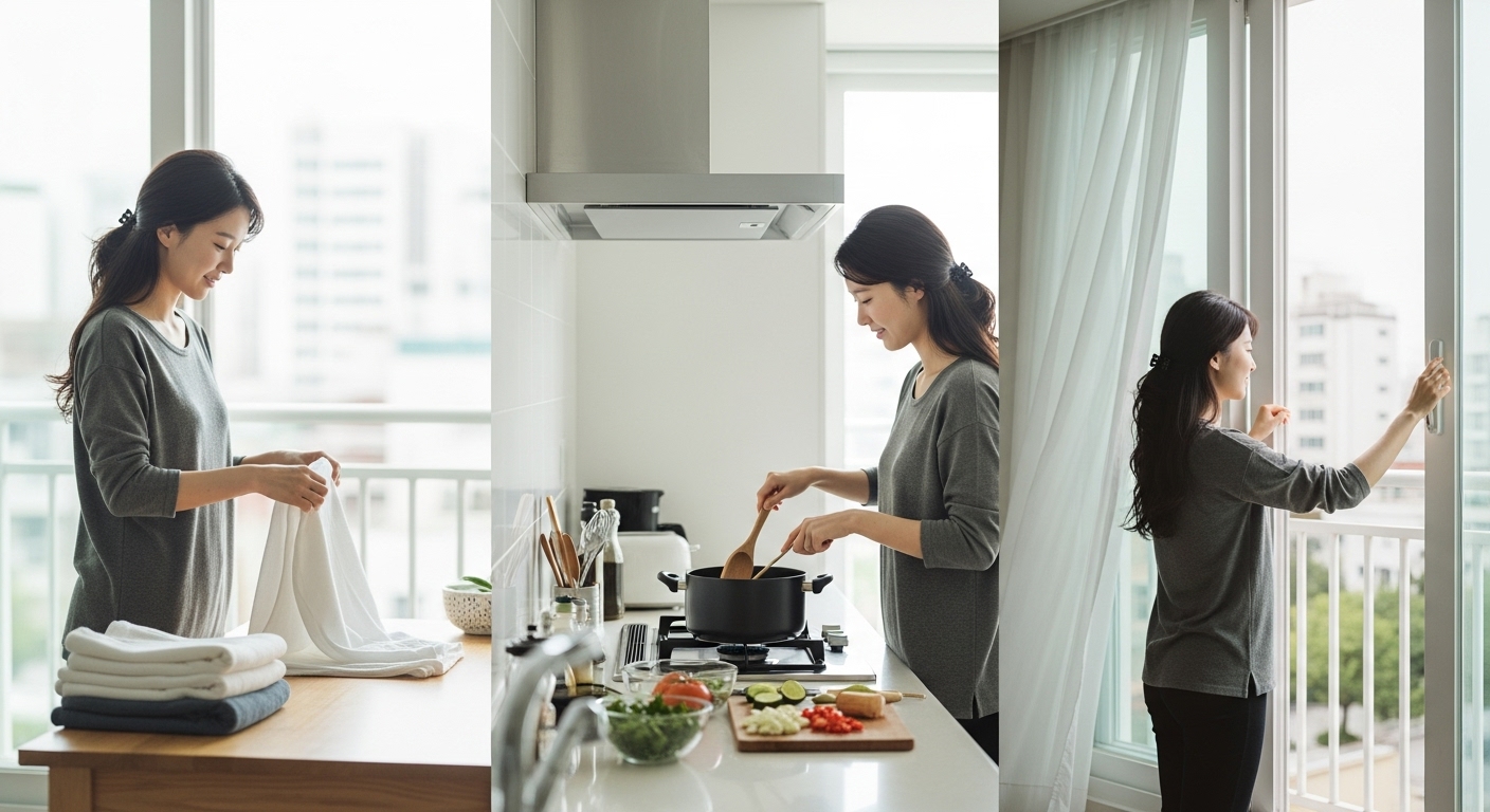 젖은 빨래 방치하기: 세탁이 끝난 빨래를 세탁기 안에 몇 시간씩 방치하는 것은 세균에게 번식의 장을 열어주는 것과 같습니다. 예약 기능을 활용해 귀가 시간에 맞춰 세탁을 끝내고 바로 너는 습관이 중요합니다.
덜 말린 옷 옷장에 넣기: 통기가 안 되는 두꺼운 후드티 모자 안쪽, 청바지 주머니 등은 잘 마르지 않는 부분입니다. 옷을 보관하기 전, 모든 부분이 완벽하게 건조되었는지 확인해야 옷장 전체가 곰팡이로 오염되는 것을 막을 수 있습니다.
요리 중 방문 열어두기: 찌개나 고기를 구울 때 발생하는 유증기는 눈에 보이지 않지만, 옷 섬유에 달라붙어 기름때의 원인이 됩니다. 요리 시에는 반드시 옷방 문을 닫아두는 것이 좋습니다.