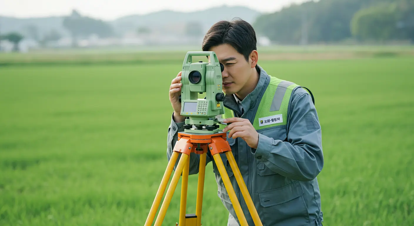 전문 감정평가사가 한국의 토지 위에서 측량 장비로 공유지분 가치를 평가하는 모습