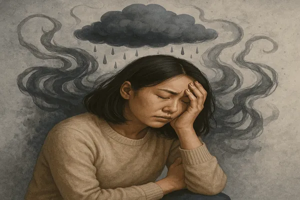 우울한 표정으로 앉아있는 여성
