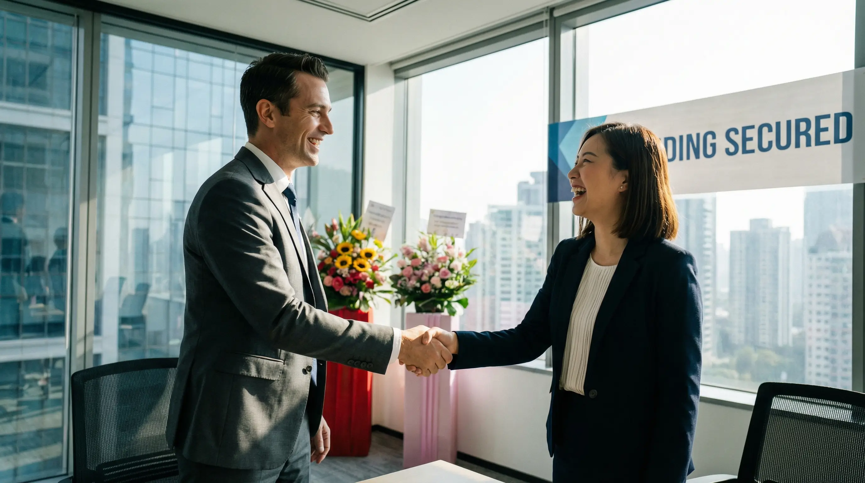 성공적인 자금 조달 후 은행 직원과 웃으며 악수하는 기업 대표의 신뢰감 있는 모습