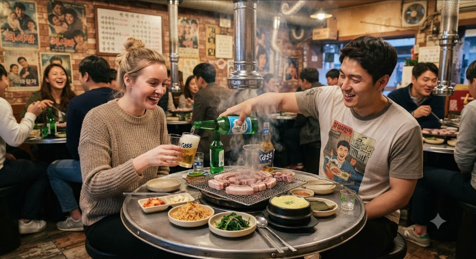 The image of a foreign friend mixing somaek (soju and beer) at a pork belly restaurant
