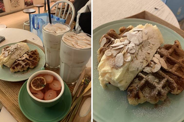 크로플 및 주문한 딸기차와 라테