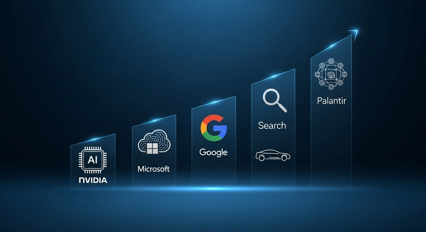 ์๋น๋์, ๋ง์ดํฌ๋ก์ํํธ, ๊ตฌ๊ธ, ํ
์ฌ๋ผ, ํ๋ํฐ์ด๋ฅผ ์์งํ๋ 5๊ฐ AI ๊ธฐ์
 ์์ด์ฝ์ด ์ฑ์ฅ ๊ทธ๋ํ ํํ๋ก ๋ฐฐ์ด๋ ์ด๋ฏธ์ง.