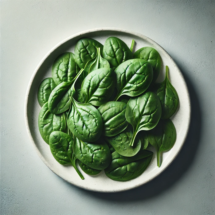 접시에 담긴 신선한 시금치 잎을 보여주는 이미지.