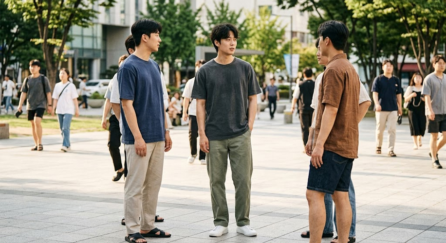 서울 여름날, 자연스러운 워시드 차콜과 네이비 컬러의 세미 오버핏 반팔 티셔츠를 입고 대화하는 남성들의 모습.