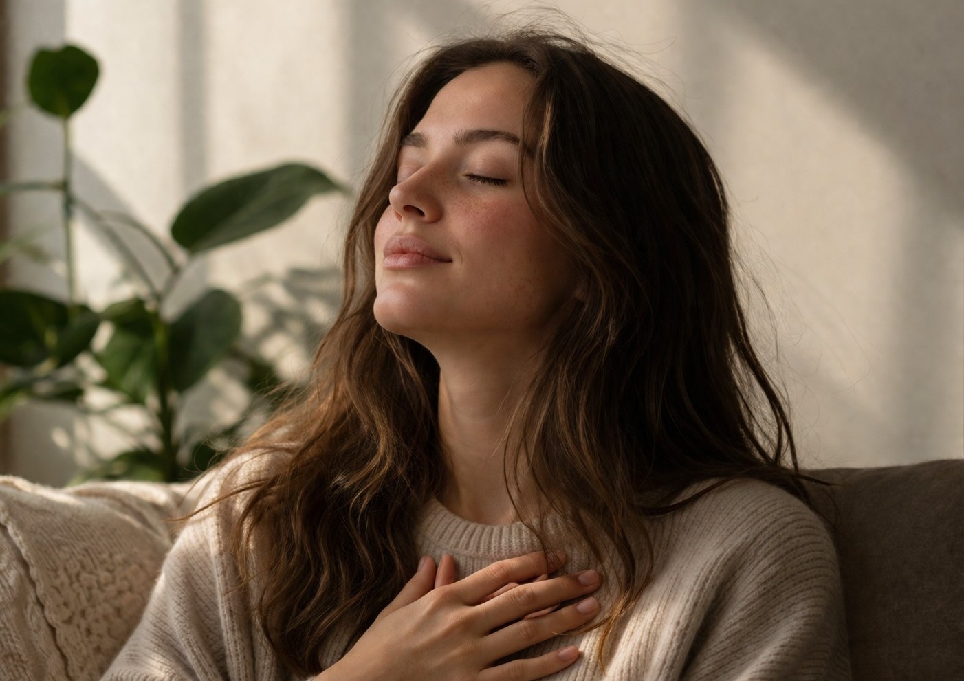 눈을 감고 가슴에 손을 얹은 채 자신의 내면 감각에 집중하는 사람