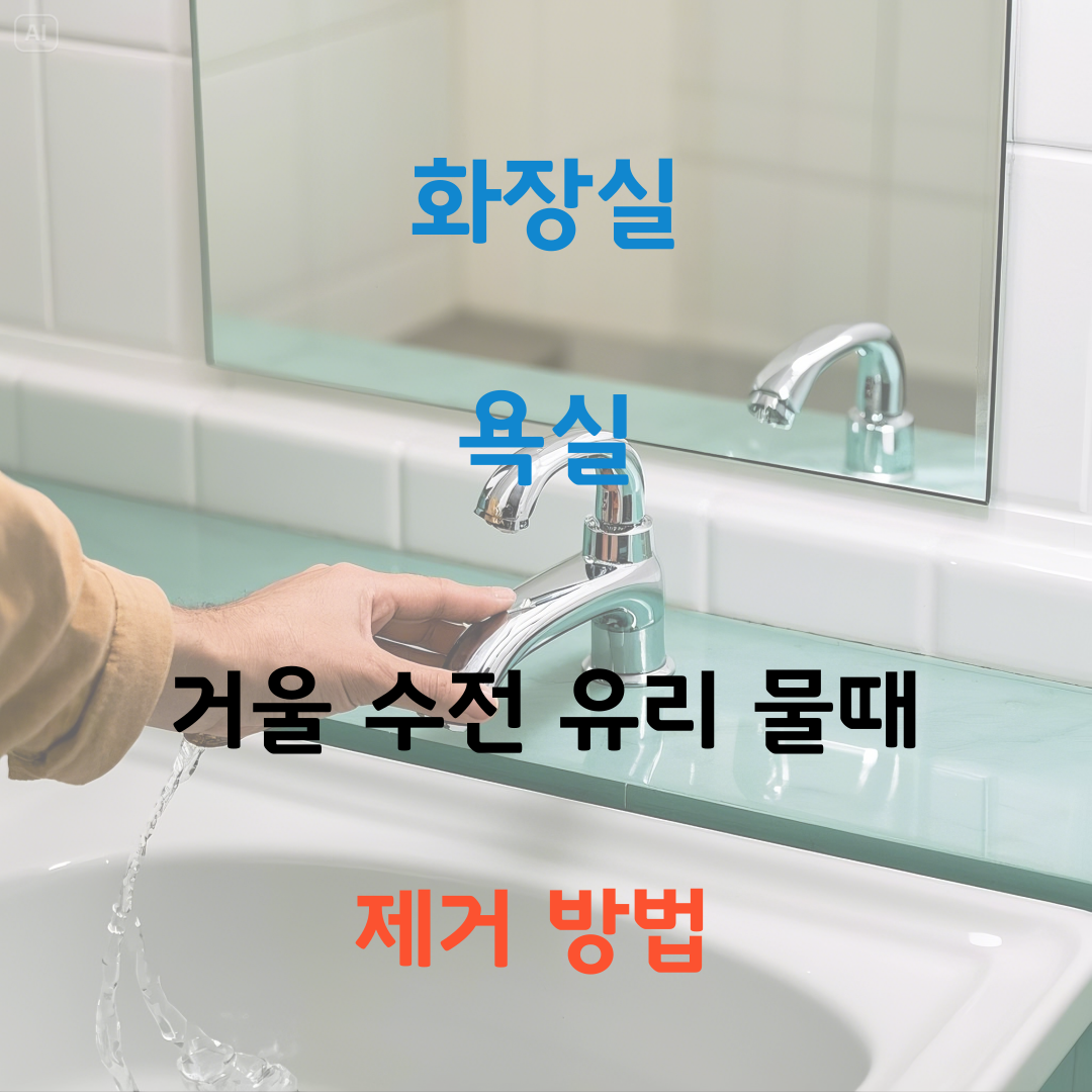 화장실 욕실 거울 수전 유리 얼룩 물때 제거 방법 관련 깨끗하게 청소 된 화장실 거울 및 수전 이미지