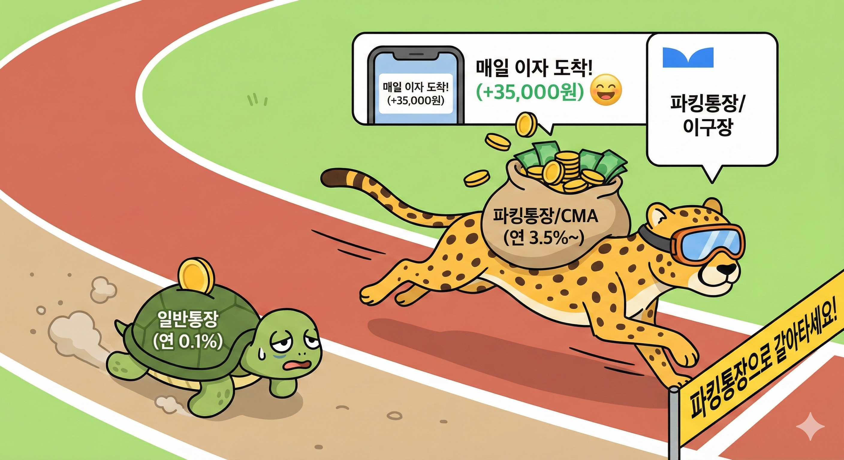 2026년 파킹통장과 일반 통장의 이자 비교 경주 일러스트. 왼쪽의 '일반통장 (연 0.1%)' 거북이는 땀을 흘리며 느리게 기어가고 있고, 오른쪽의 '파킹통장/CMA (연 3.5%~)' 치타는 돈자루를 메고 빠르게 결승선을 통과하고 있다. 치타 위에는 '매일 이자 도착! (+35,000원)'이라는 스마트폰 알림이 떠 있다.