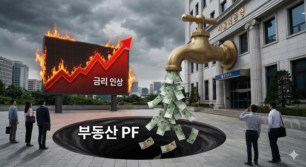 한국은행이 돈다발(유동성)을 시장에 뿌리지만, 그 돈이 '부동산 PF'라는 거대한 블랙홀로 빨려 들어가고, 반대편에서는 금리 그래프가 붉게 치솟는 위태로운 모습
