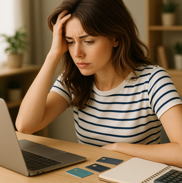 책상에 앉아 피곤한 표정으로 머리카락을 넘기는 여성, 앞에는 노트북과 여러 장의 카드, 공책, 계산기가 놓여 있음 – 연말정산을 준비하는 직장인의 모습