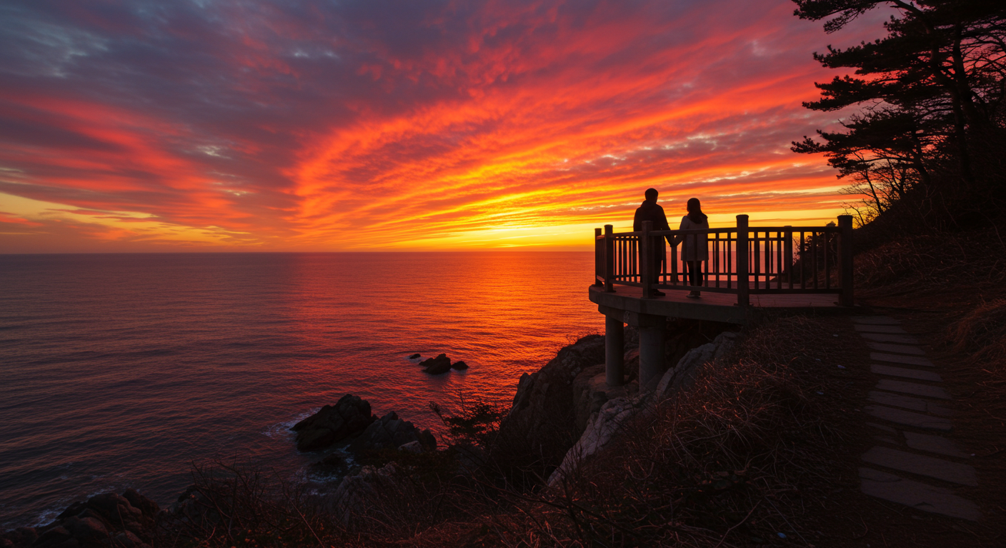 동해 해안 절벽 전망대에서 한국인 연인이 노을을 감상하는 모습