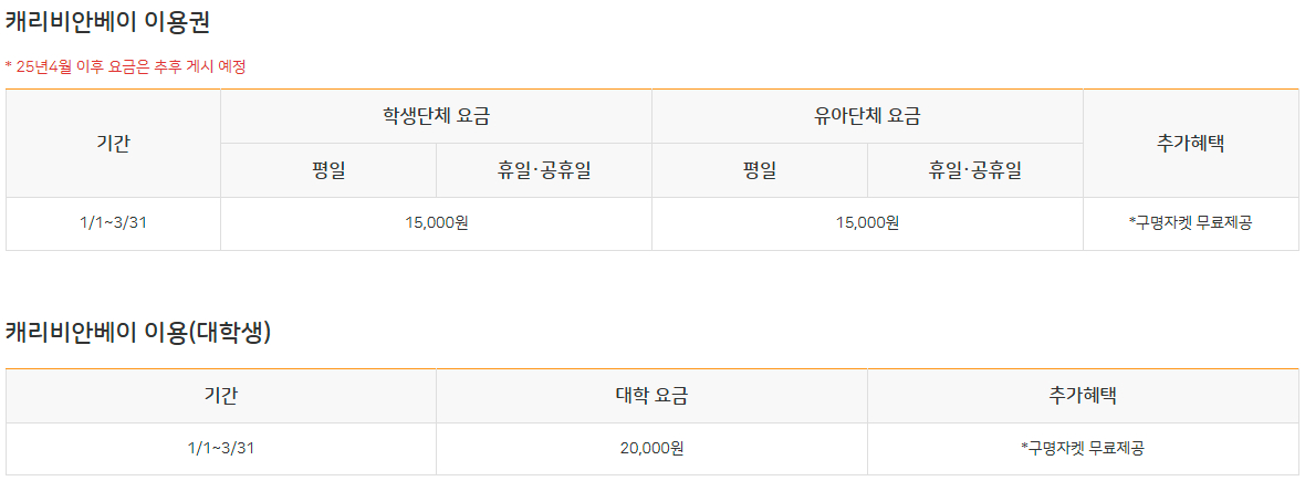 캐리비안베이 이용권 대상별 단체요금 안내