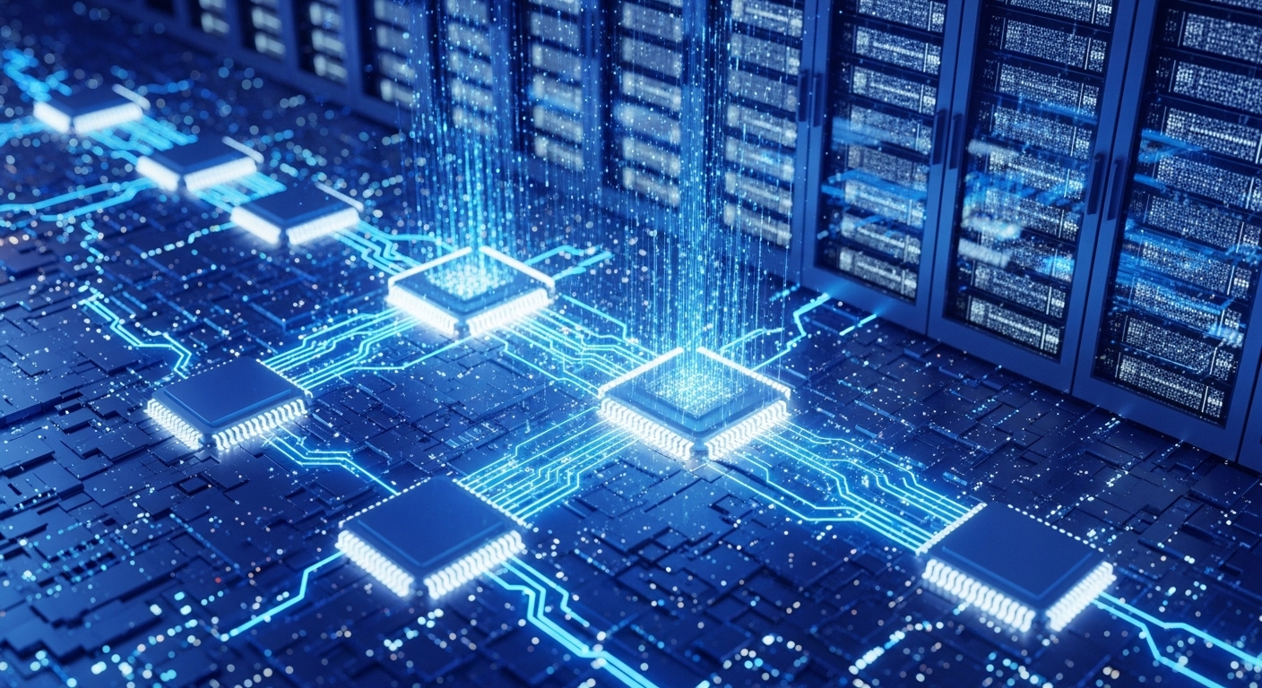 AI 기술의 근간을 이루는 마이크로칩과 서버 랙이 푸른빛을 발하며 연결된 모습. AI 인프라의 복잡성과 핵심 역할을 시각적으로 보여줍니다.
