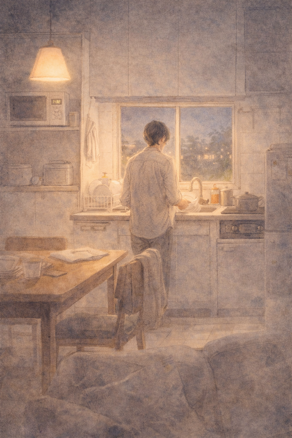 밤이 된 주방에서 설거지를 하며 창밖 불빛을 바라보는 인물의 뒷모습.
쉬는 시간처럼 보이지만 배경 자극 속에서 뇌가 멈추지 못하는 상태를 상징하는 장면.