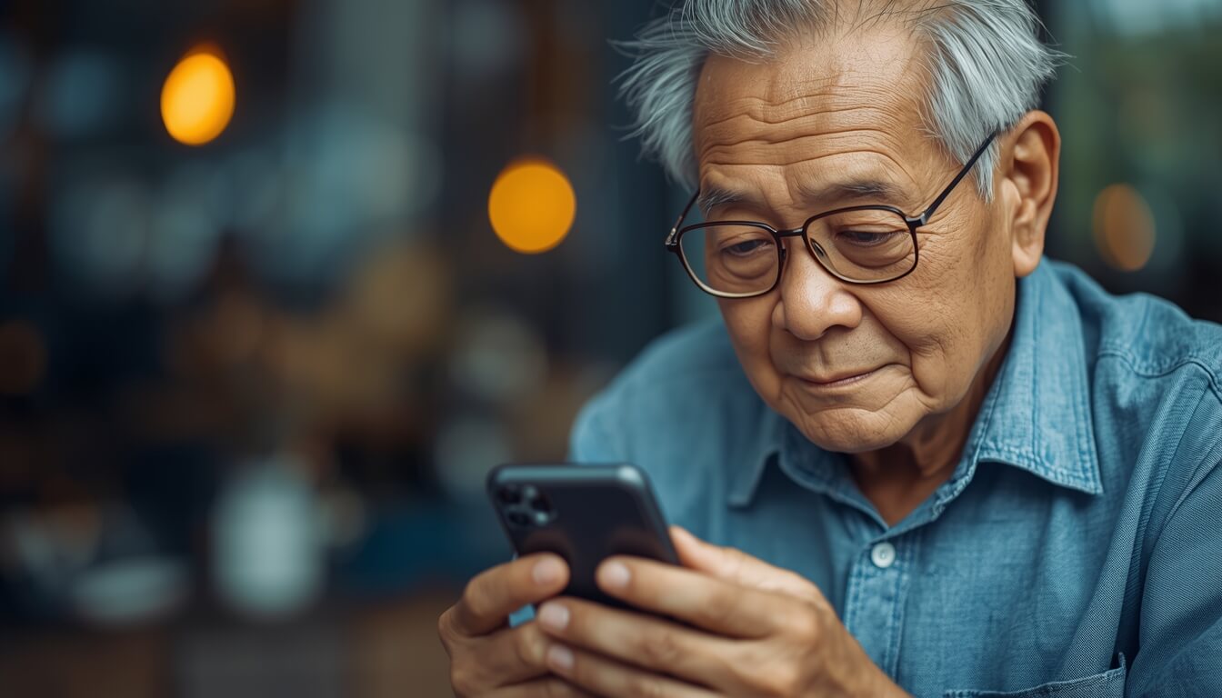 스마트폰 보안 설정을 꼼꼼히 확인하고 있는 70대 어르신