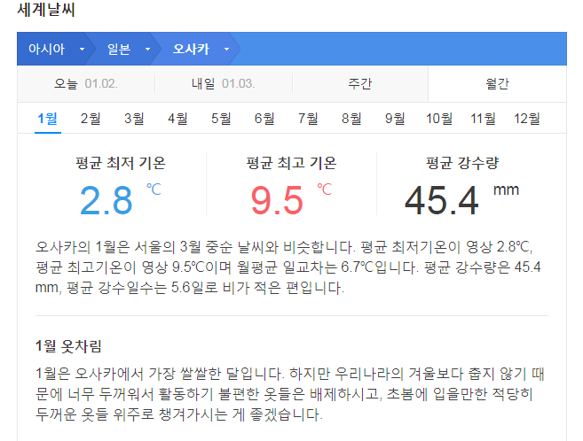 일본 오사카 1월 날씨 옷차림 추천 여행지