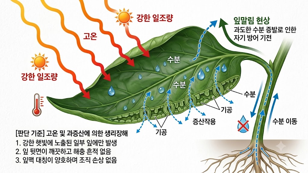 고추 잎 가장자리가 고온과 과증산으로 인해 위로 말리는 원리를 설명하는 다이어그램