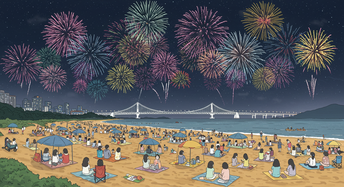 광안리 해변 백사장에서 즐기는 생생한 불꽃축제