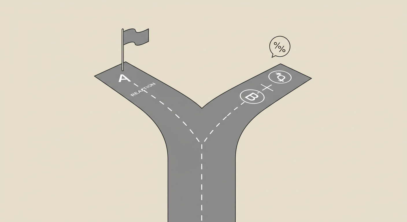 출발선에서 갈라지는 두 개의 길이 A는 반응 깃발로, B는 편안함 아이콘으로 향하는 상징적 이미지