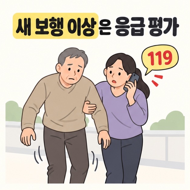 새 보행 이상은 응급 평가라는 문구 아래 걷기가 불안정한 남성을 동행자가 부축하며 전화하는 모습과 119 표시