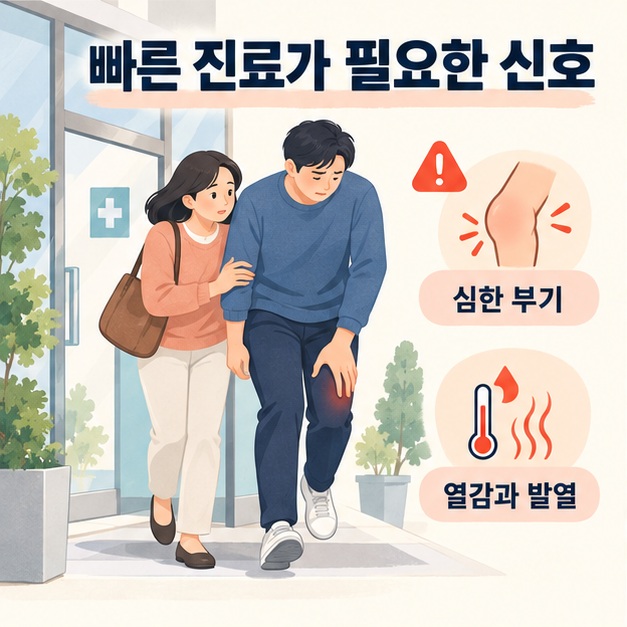 무릎이 아픈 환자를 동행인이 돕는 빠른 진료가 필요한 신호 안내