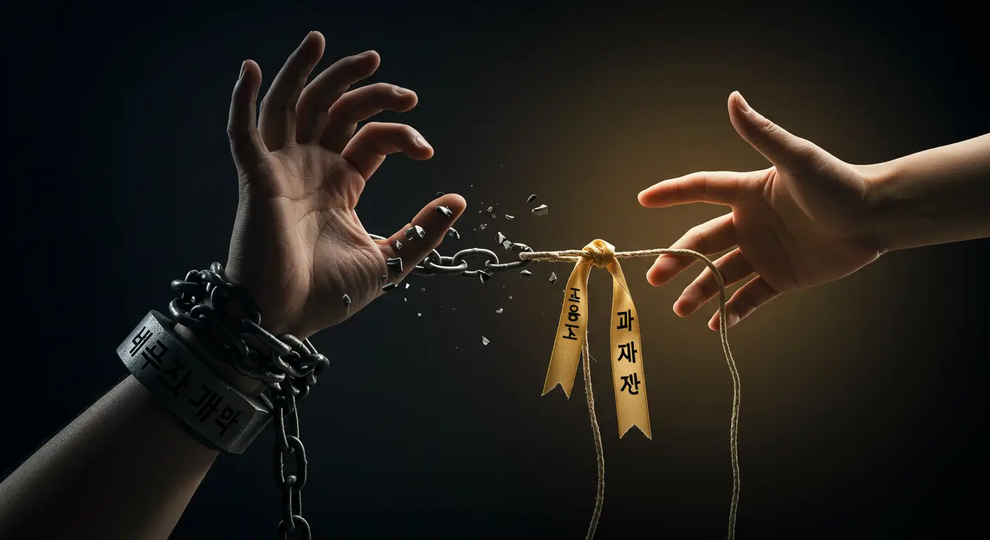 한 소상공인 사장님이 고금리 대출이라는 무거운 쇠사슬을 끊어내고, 정부지원 저금리 대출이라는 가벼운 밧줄로 갈아타며 희망을 찾는 모습