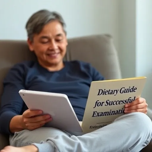 편안하게 앉아 대장내시경 식단 안내서를 읽고 있는 사람의 모습. 옆에는 '성공적인 검사를 위한 식단 가이드'와 같은 문구가 적힌 책자나 태블릿이 놓여 있습니다. 전반적으로 차분하고 정보성 있는 분위기를 연출합니다.