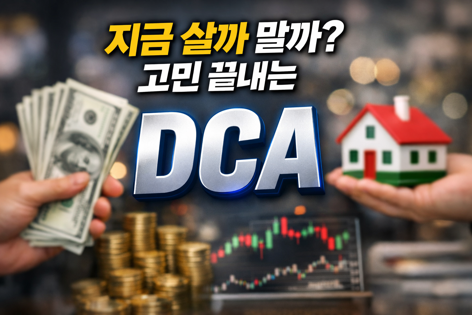 지금 살까 말까 고민 끝내는 DCA 썸네일, 현금과 집 모형을 대비해 적립식 매수로 투자 타이밍 부담을 줄이는 전략을 시각화한 이미지