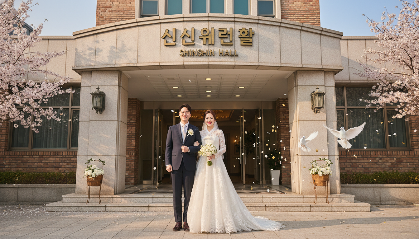 2026년 신신예식장 입구에서 환하게 웃고 있는 신혼부부의 행복한 웨딩 사진