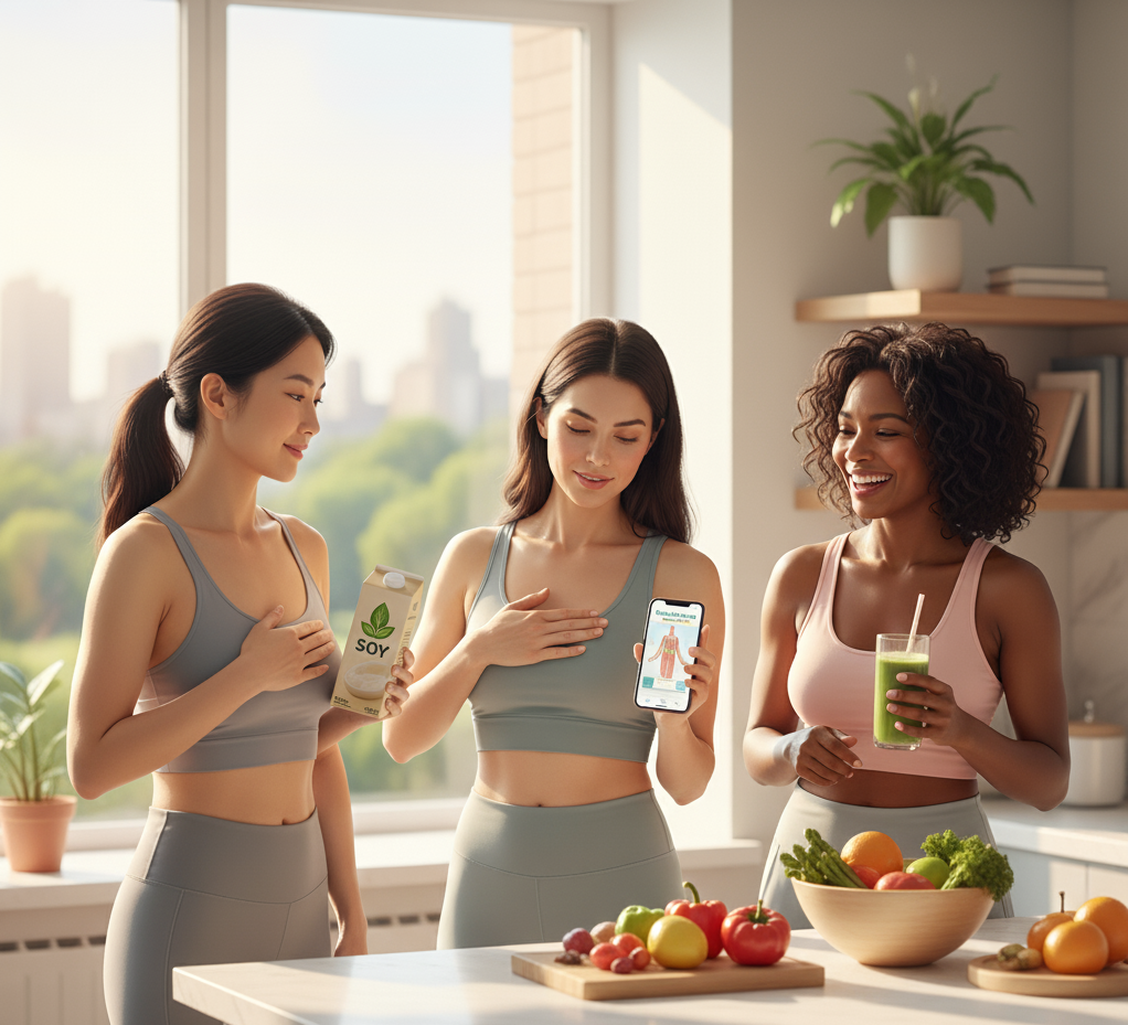 유방암 자가검진을 실천하는 여성들과 두유를 마시는 건강한 라이프스타일