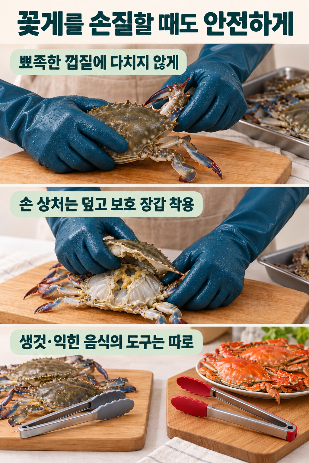 보호 장갑으로 꽃게를 손질하고 생것&middot;익힌 음식의 도구를 따로 둔 위생 안내