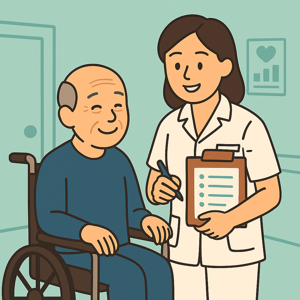 평면 벡터 스타일 일러스트: 연한 민트색 배경의 요양병원 방 안에서 흰 가운 차림의 간호조무사가 미소를 지으며 휠체어에 앉은 할아버지의 활력징후 차트를 들고 기록하는 모습