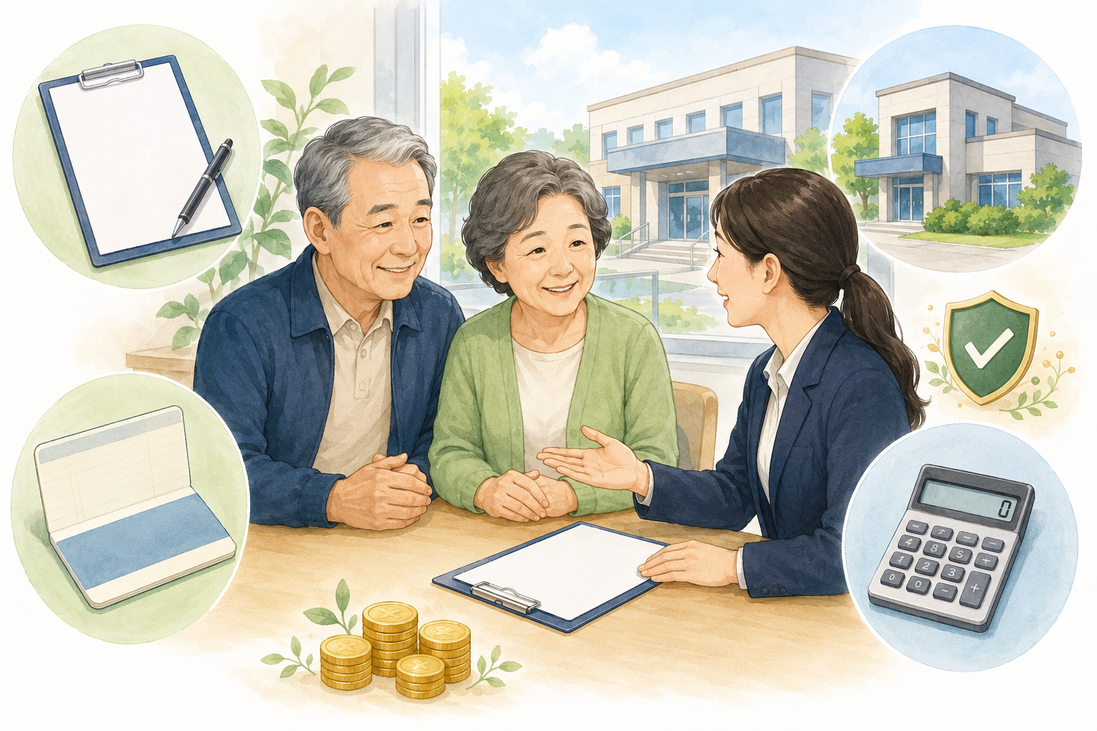 노부부가 행정복지센터에서 기초연금 신청 상담을 받는 이미지
