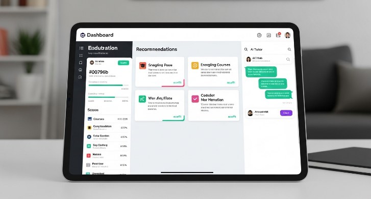 학습 진도, 맞춤형 추천, AI 튜터 채팅 기능을 보여주는 사용자 친화적인 AI 학습 대시보드.