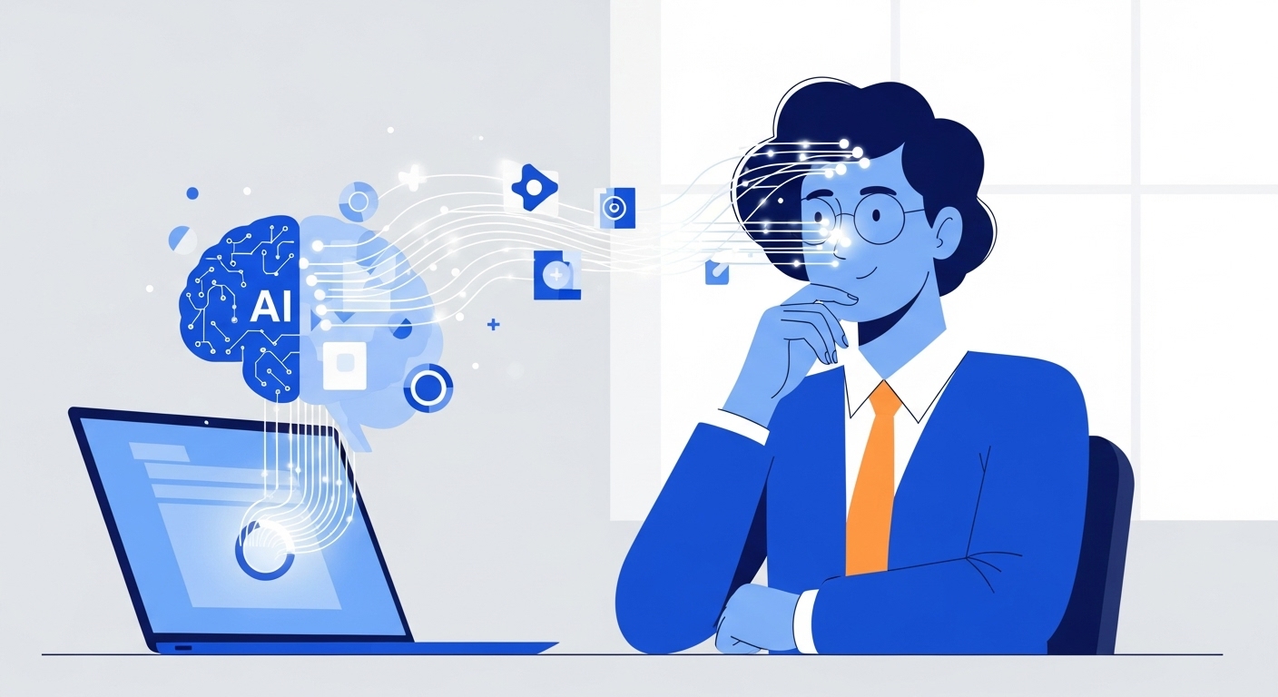 블로거가 AI와 협업하여 콘텐츠를 만드는 모습을 표현한 일러스트