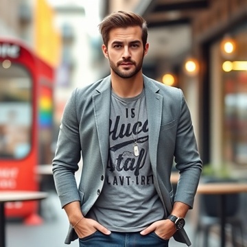 캐주얼한 차림의 남자 보임 자켓입고 바지주머니에 손넣고있음