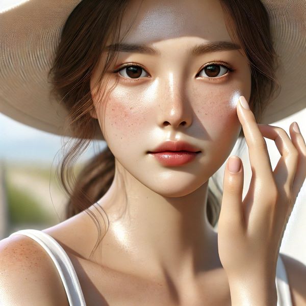 햇빛 아래에서 자외선 차단제를 얼굴에 바르고 있는 여성