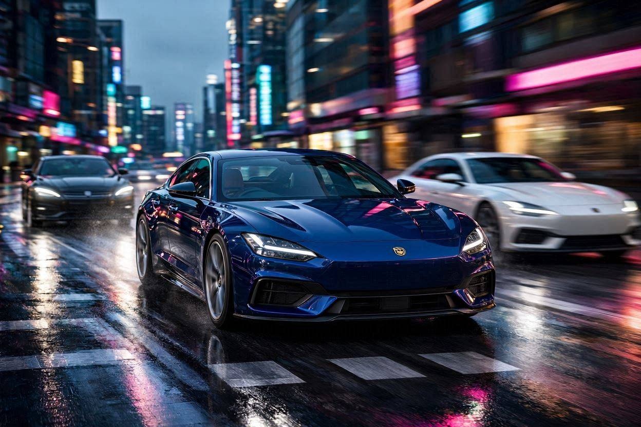 A dark blue premium sports sedan driving aggressively on a wet, neon-lit city street at night, leading a pack of rival luxury sedans in a cinematic composition.