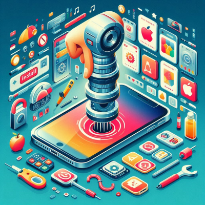 로봇팔이 스마트폰 위에서 다양한 앱 아이콘을 조작하는 하이테크 장면