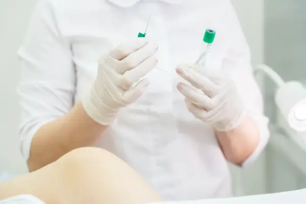 대상포진 예방 주사를 맞고 있는 환자와 주사를 놓을 준비를 하고 있는 간호사