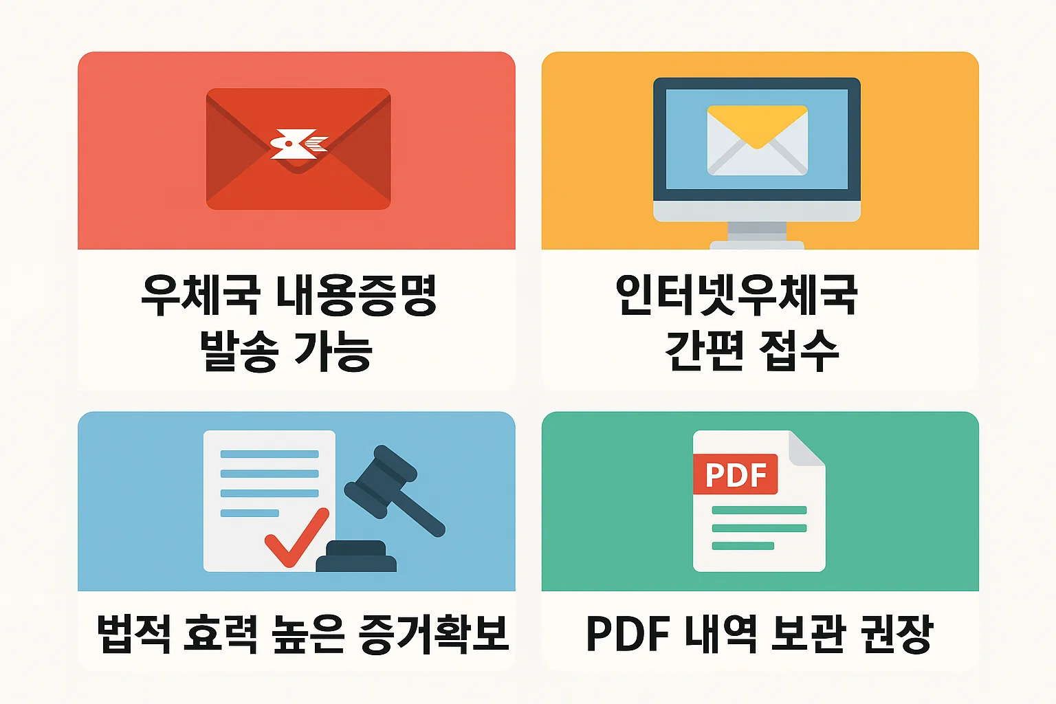 우체국 내용증명 발송 방법, 인터넷우체국 접수 절차, 법적 효력 확보 및 PDF 내역 보관 팁을 정리한 인포그래픽.