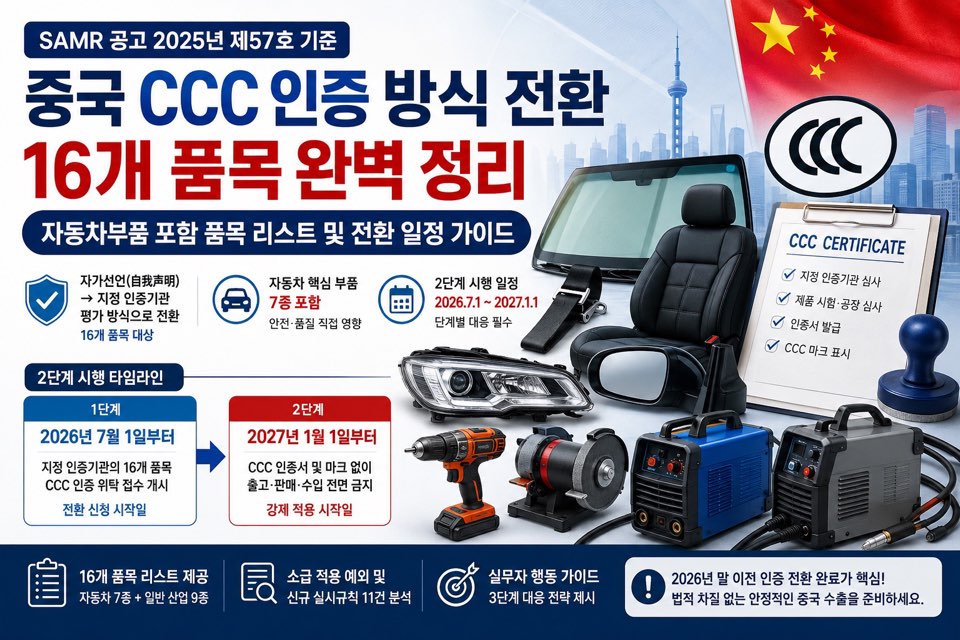 SAMR 공고 2025년 제57호 기준 중국 CCC 인증 방식 전환 16개 품목 완벽 정리 인포그래픽. 자가선언에서 지정 인증기관 심사 방식으로 전환되는 자동차 핵심부품 7종과 전동공구·용접기 등 일반 산업 9종 품목, 2단계 시행 타임라인(2026.7.1~2027.1.1)을 보여준다.