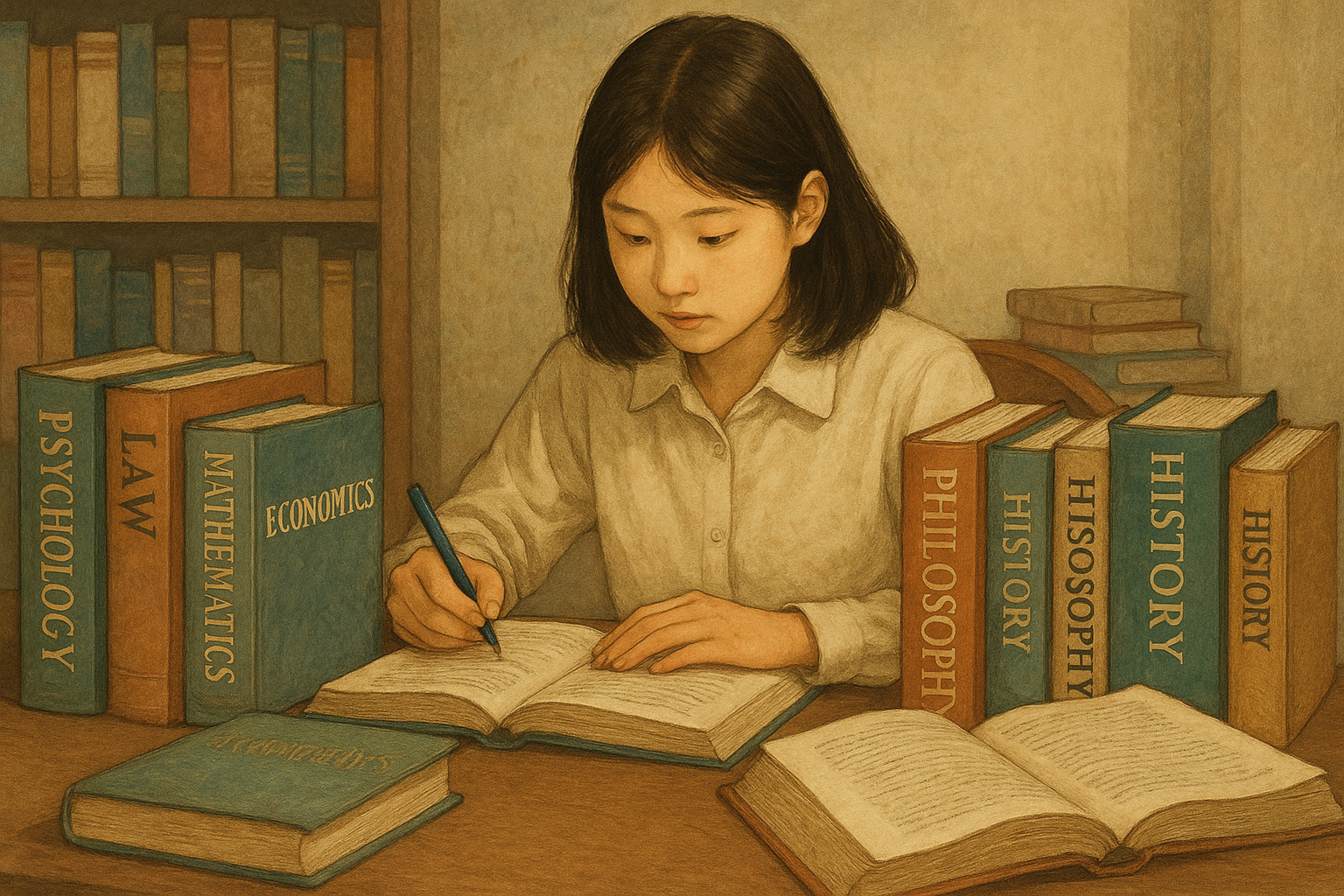 학생이 다양한 전공 도서와 마주 앉아 탐색하는 모습