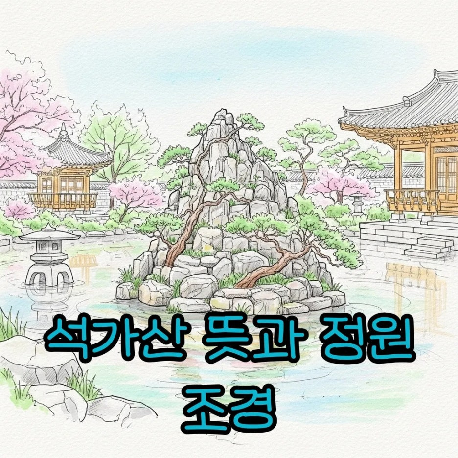 연못 중앙에 정갈하게 쌓인 전통 석가산의 모습