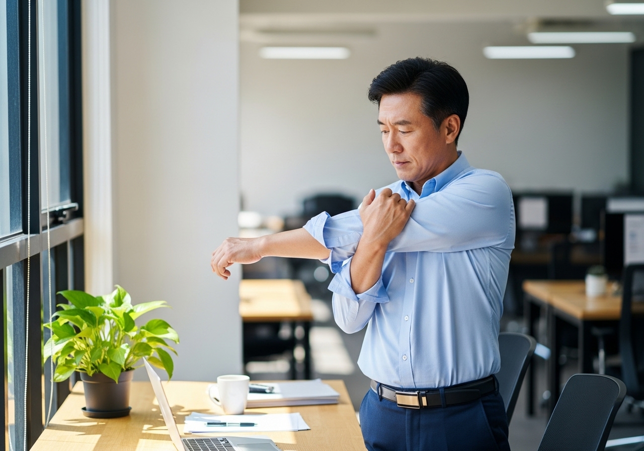 50대 남자 5분 스트레칭 운동 중