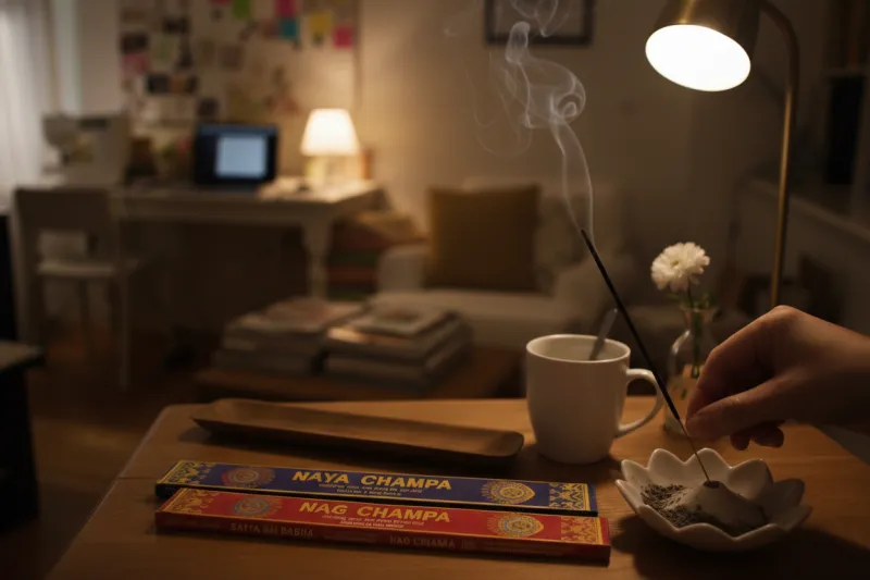 인센스 스틱이 다 타들어가며 고요하게 마무리되는 저녁 공간의 장면